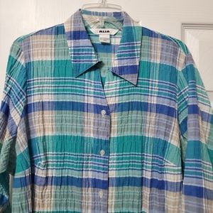 Alia womens 3/4 sleeve cuff plaid green blue gauzy feel vents 16W